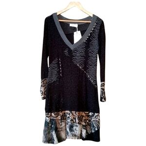NWT Lisa Campione Black Patchwork Sweater Dress – Mixed Print – Size Medium